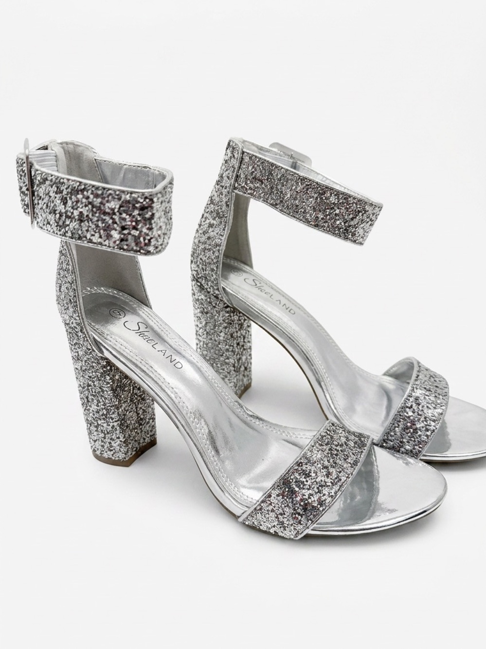 Shoreland Silver Glitter Block Heel Sandals with Ankle Strap